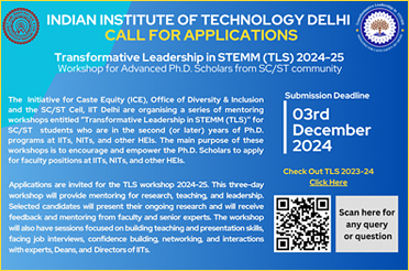 Call for Applications: Transformative Leadership in STEMM (TLS) Workshop for Advanced PhD Scholars from SC/ST community.