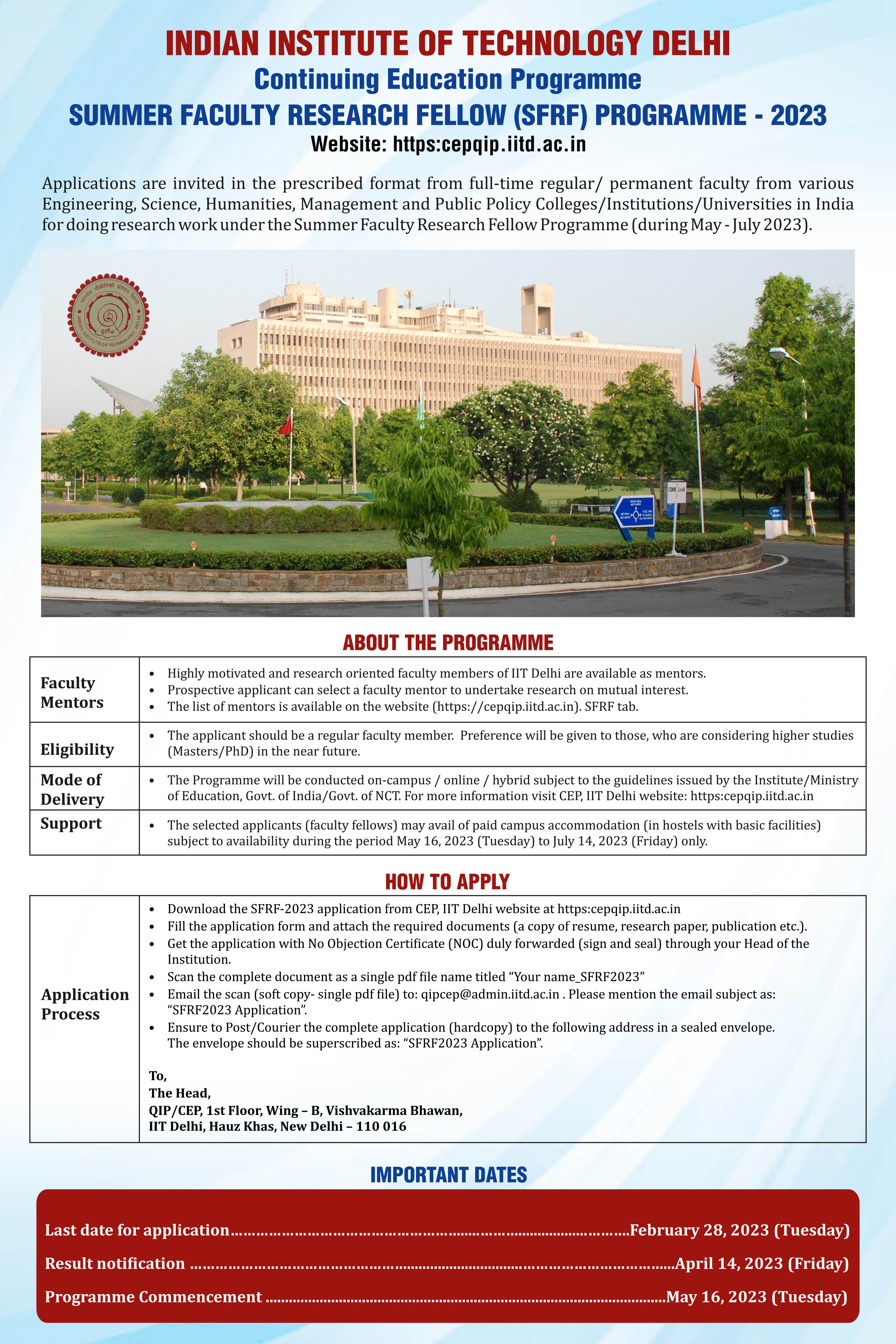 Annual Summer Faculty Research Fellow Programme (SFRF2023) IIT Delhi